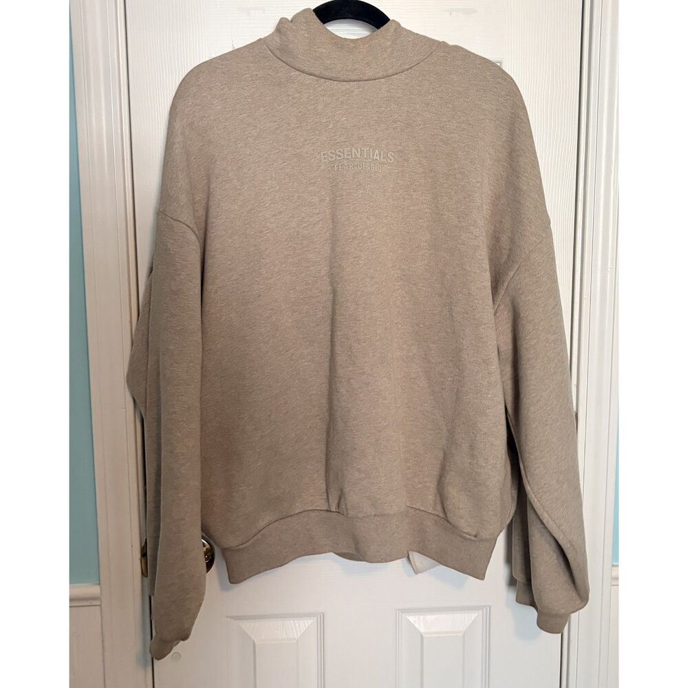 Fear of God Essentials Mock Neck Pullover Hoodie - Oatmeal / Beige - Size Small